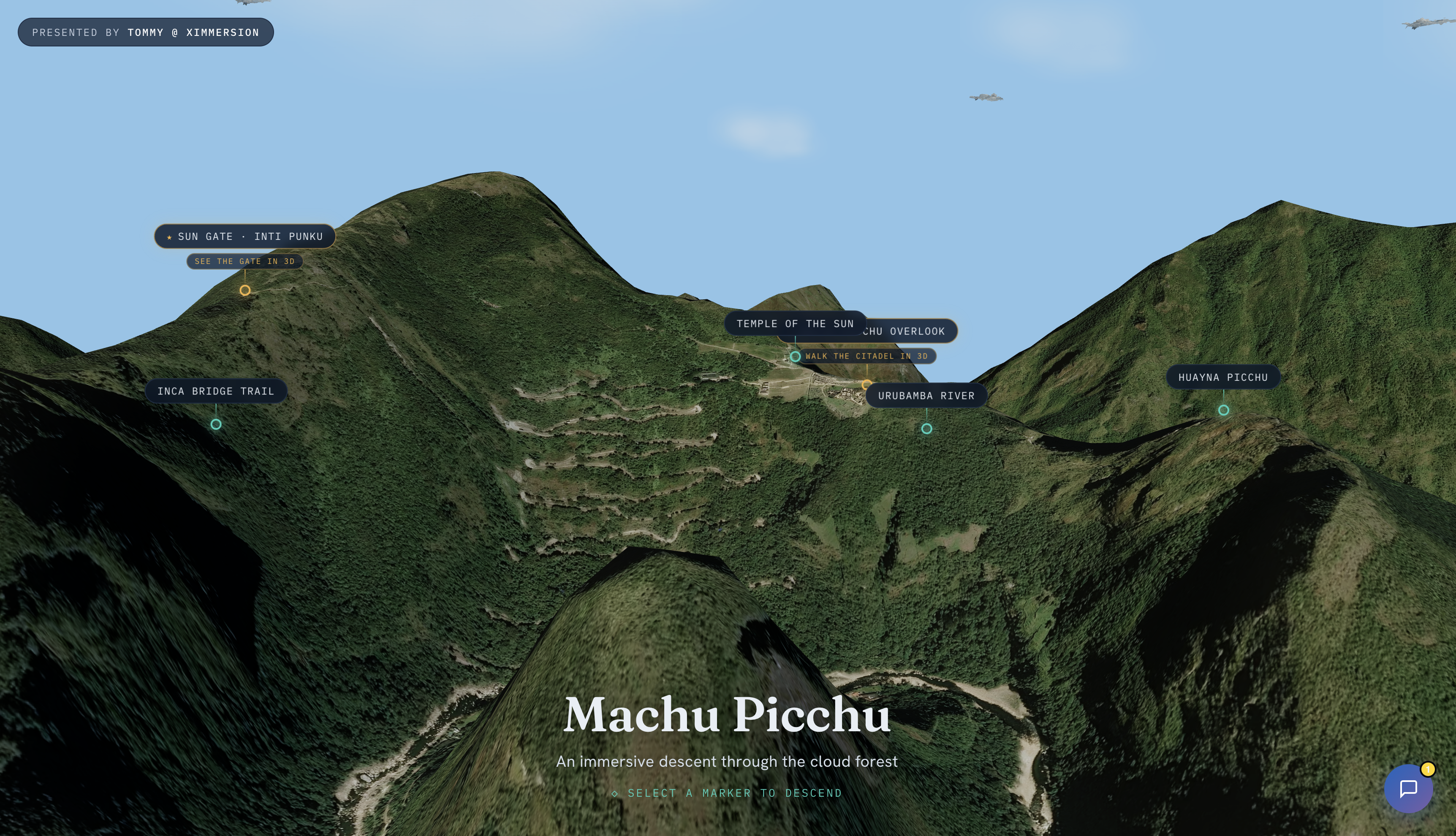 Immersive 3D virtual tour of Machu Picchu — an explorable, story-driven browser experience taking visitors through the site's history, geography, and atmosphere, for education, agencies, non-profits, and destinations, built by Tommy at xImmersion